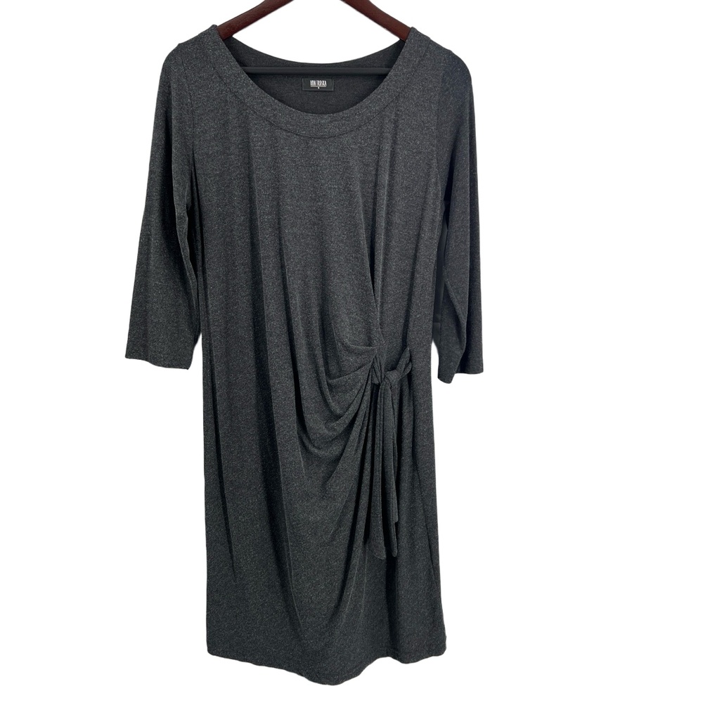 Von Troska Dress Charcoal Gray‎ Stretchy Knit Tie Front Draped Size S